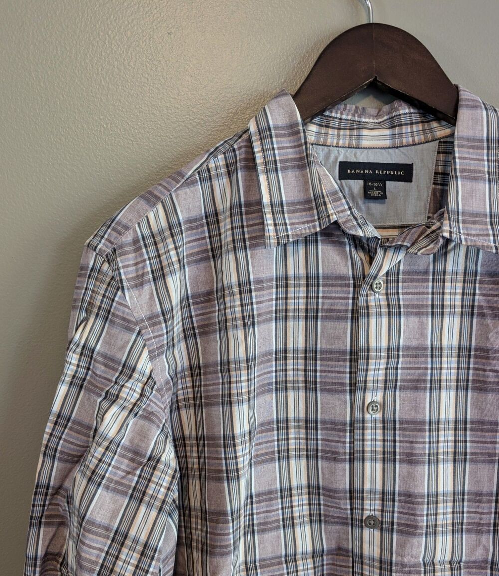 Banana Republic Mens Large Dress Shirt Purple Plaid 16 16.5 Long Sleeve Button